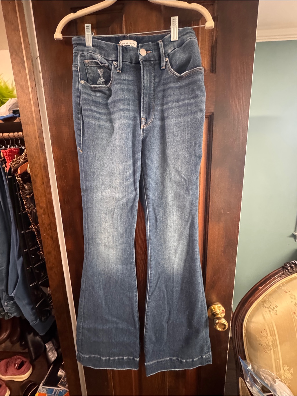 Good American Good Legs High-Rise Flared Jeans - Blue With Distressed Detailing — image 6 of 7
